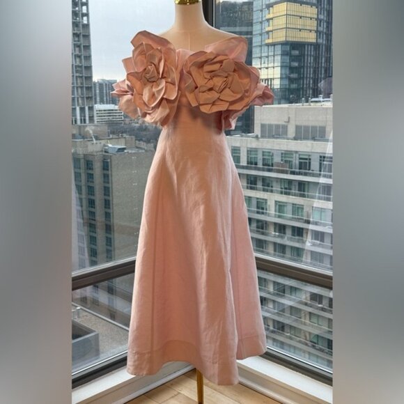 🆕 AJE 🧿 NWOT Etta Off Shoulder Linen Midi Dress, Pastel Pink - Sz AU 8 / Small - Picture 3 of 16